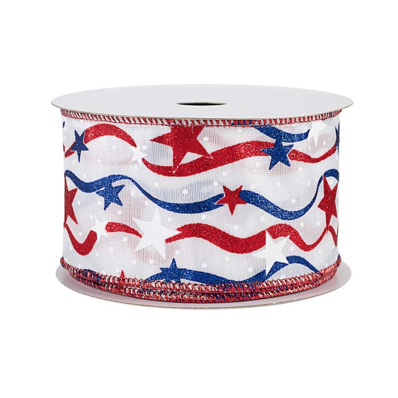 GiftWrap Etc. Stars Wavy Stripes Satin Ribbon - 2 1/2" x 10 Yards, Wired Edge, Red, White & Blue, Vintage Americana, 4th of July, Wreath, Election, Rally, USA, Christmas, President's Day, Memorial Day - Image 1